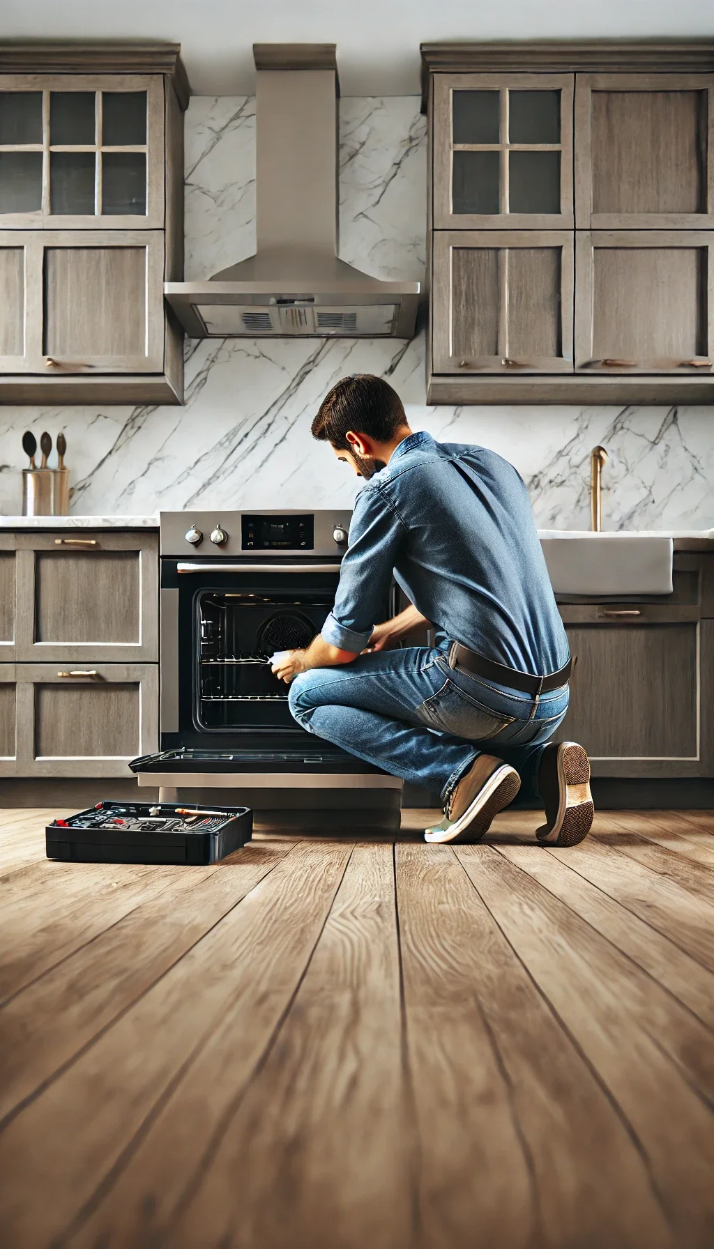 A professional appliance repair technician working on a built-in oven in a modern kitchen